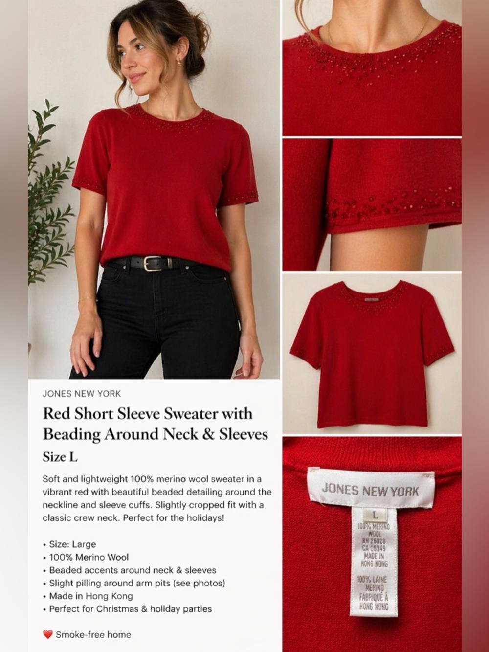 Jones New York Red Beaded Short Sleeve Sweater | 100% Merino Wool | Size L